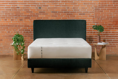 Devon hybrid mattress with tencel top cover on top of padded base platform bed with headboard