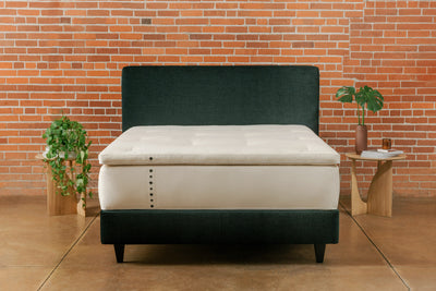 Natural latex mattress topper on hybrid mattress and upholstered platform bed frame